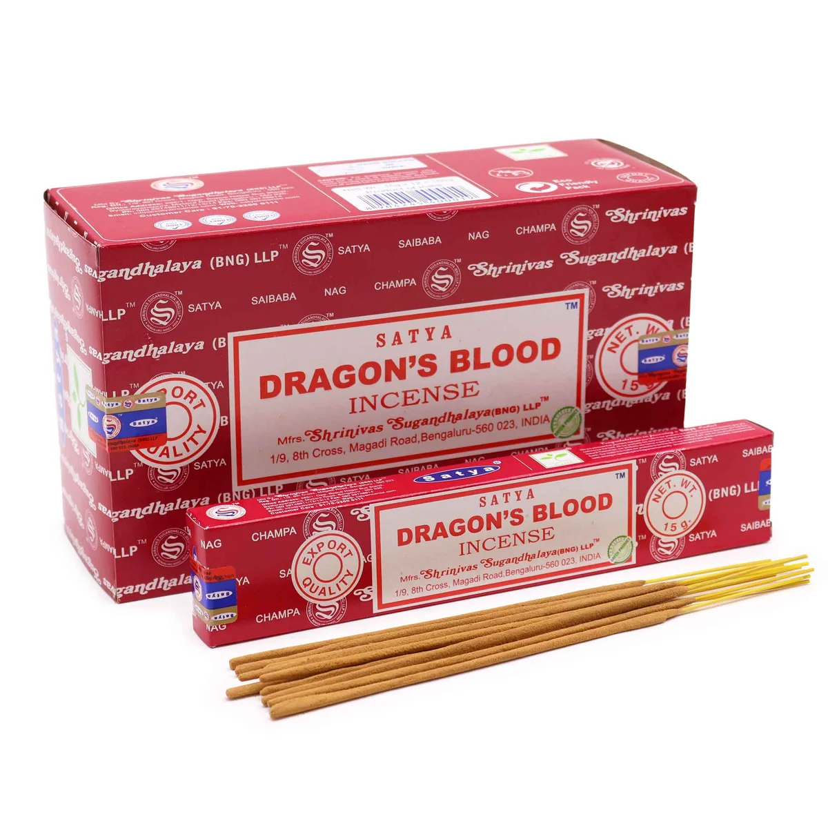 Single 15g incense stick labeled Satya Dragon Blood, shown in a clear glass jar