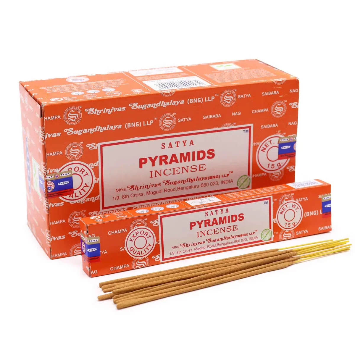 Pyramid-shaped Satya 15g incense sticks, displayed on a neutral background.