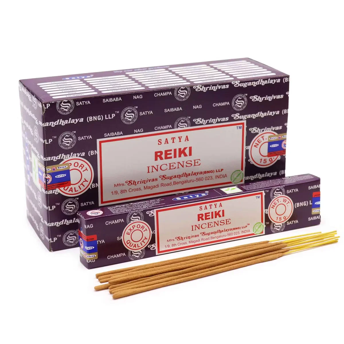 Satya incense 15g (Reiki) displayed on a wooden holder