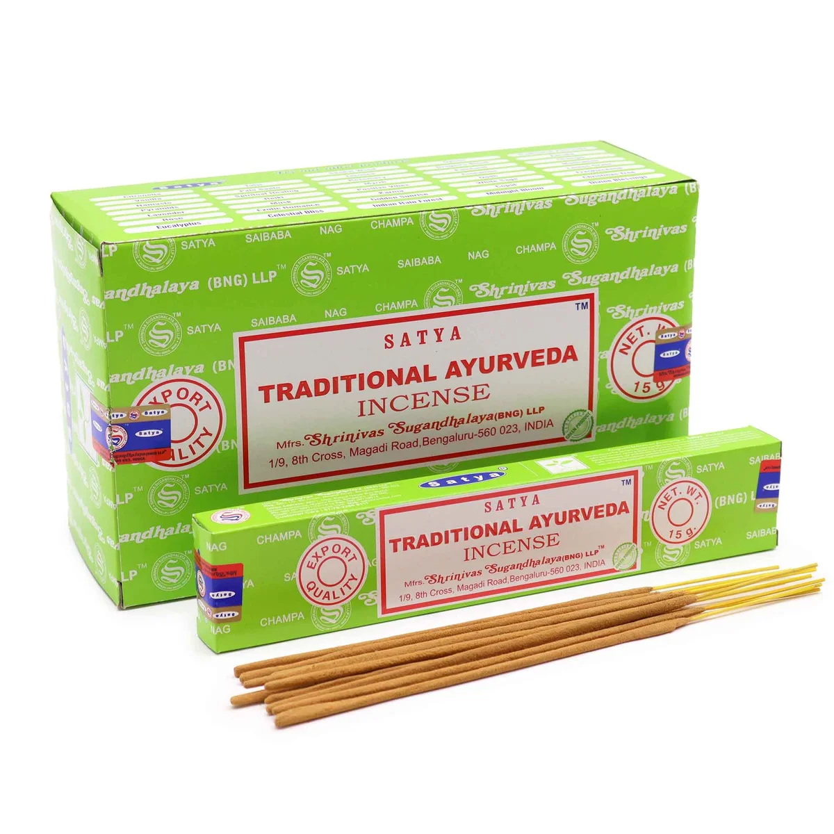 Satya incense 15g: bundle of compact incense sticks displayed together.