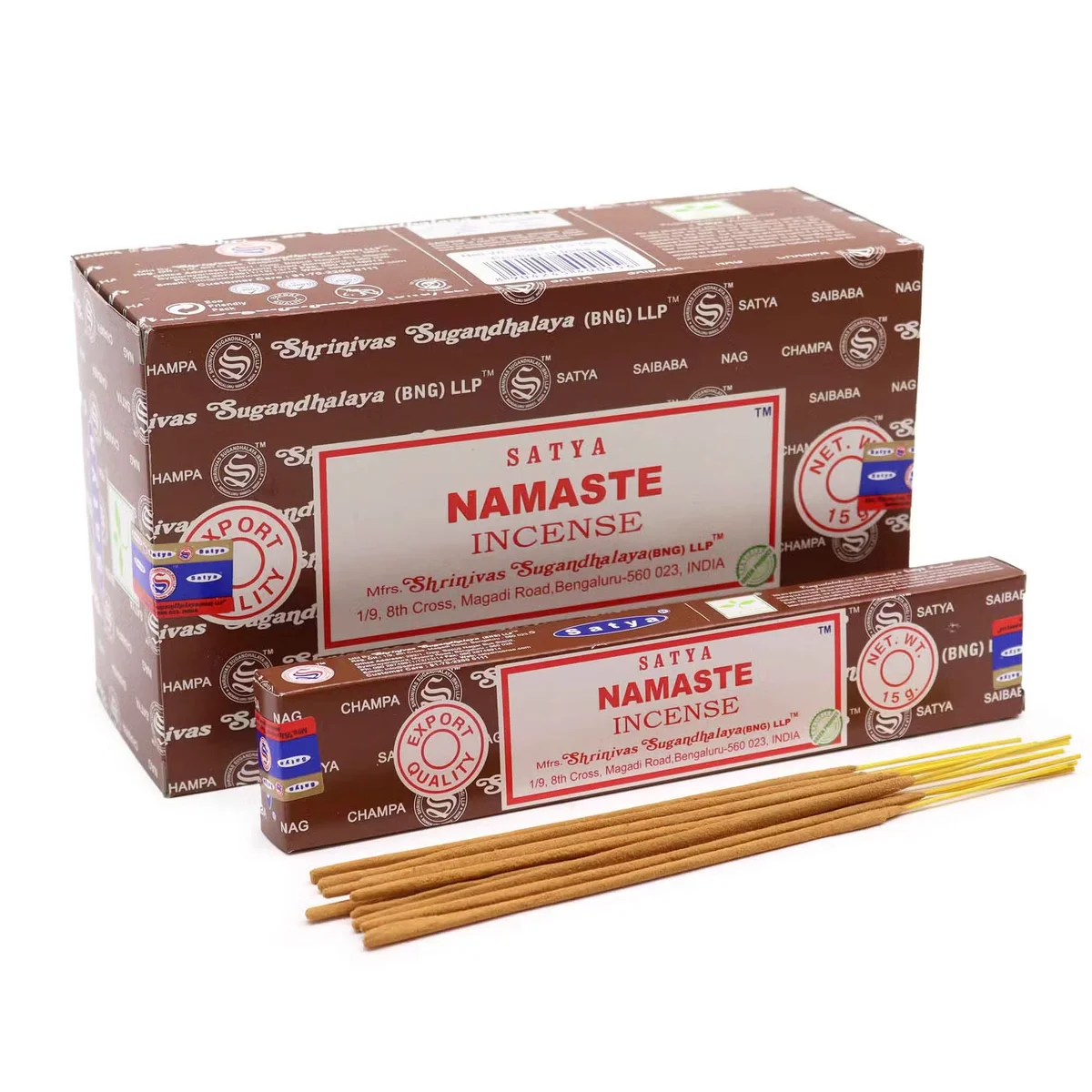 Satya 15g flat incense stick with “Namaste” shown on its paper wrapper – a home fragrance incense.