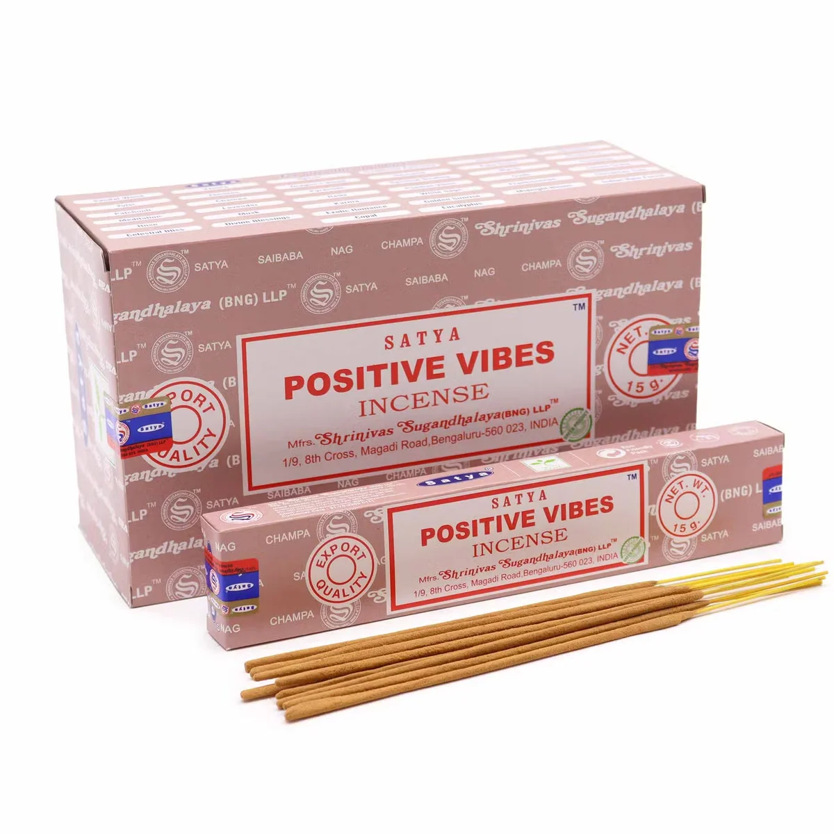 Satya incense UK – pack of 15gm sticks with Positive Vibes label.