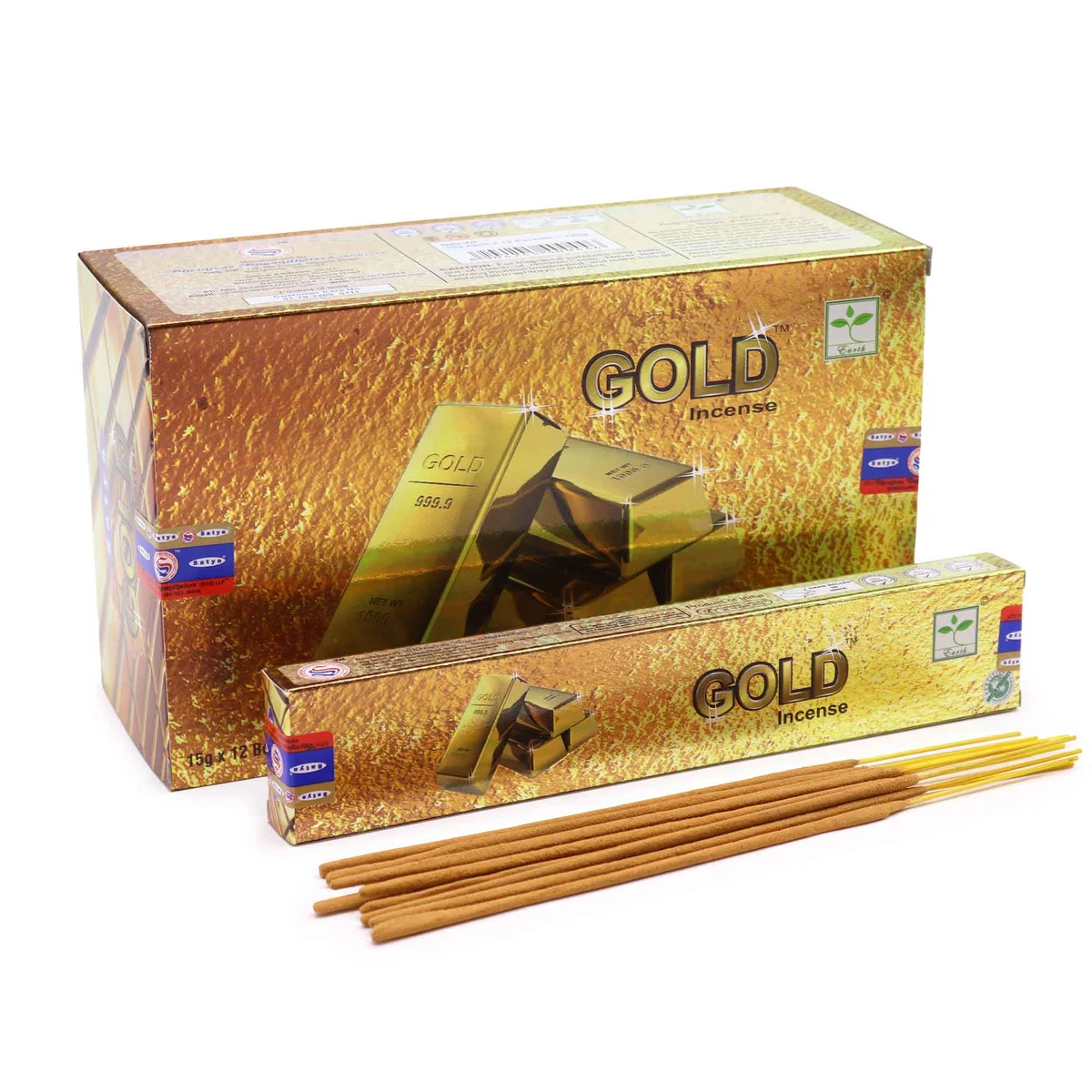 Satya incense 15g gold sticks arranged on a wooden tray