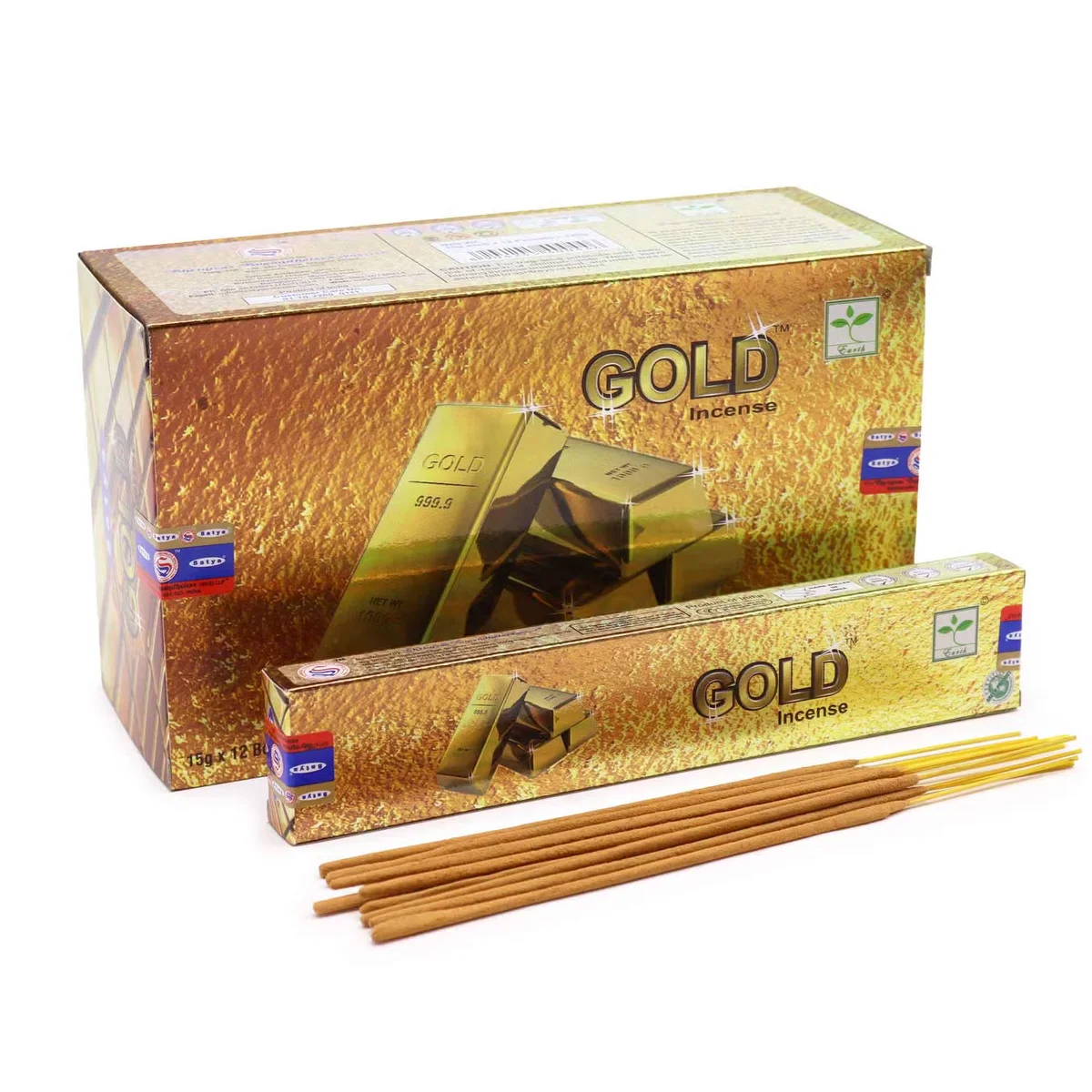 Pack of gold incense sticks, 15gm each, wrapped in clear packaging.