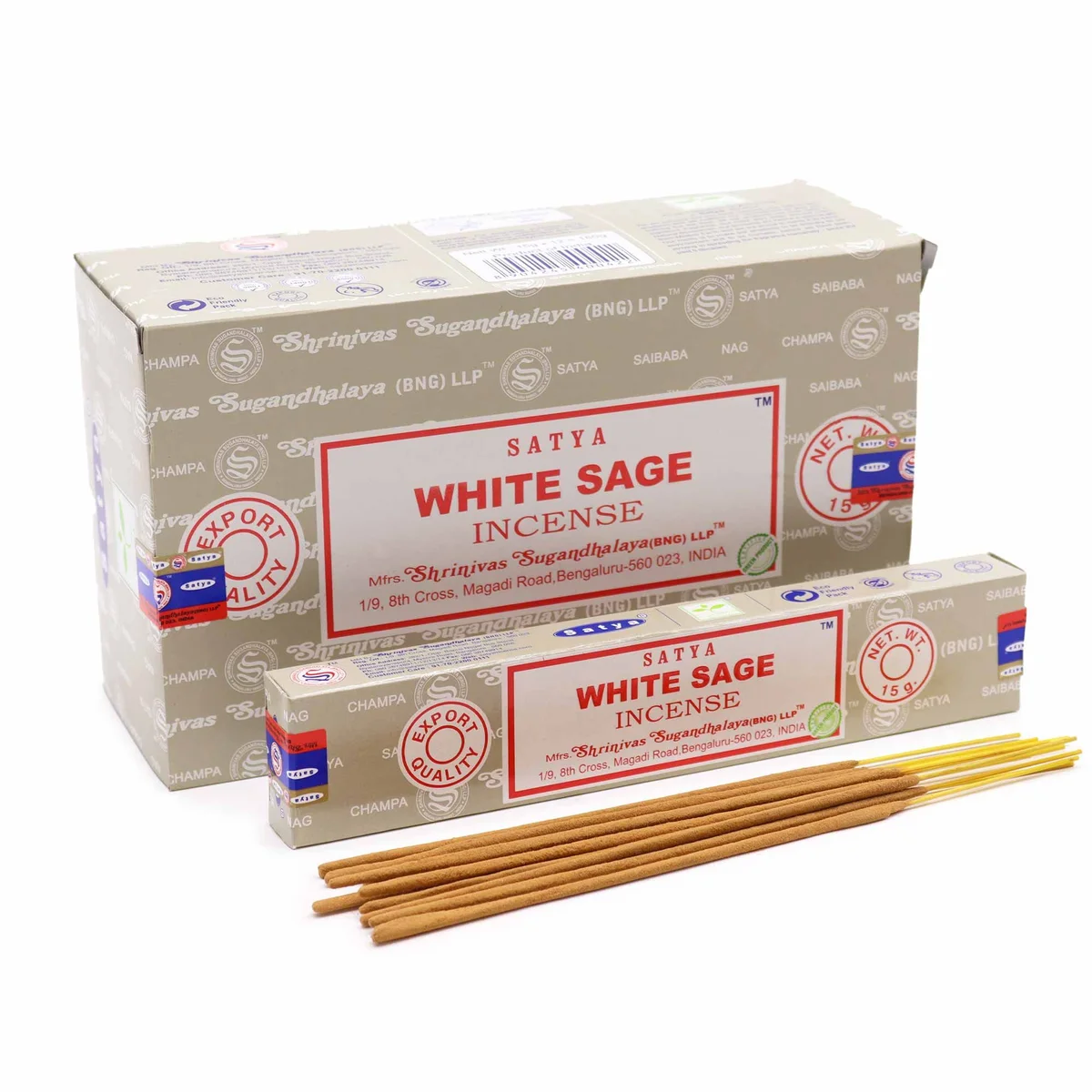 White sage incense stick in Satya packaging, 15g, inside a small paper tube.