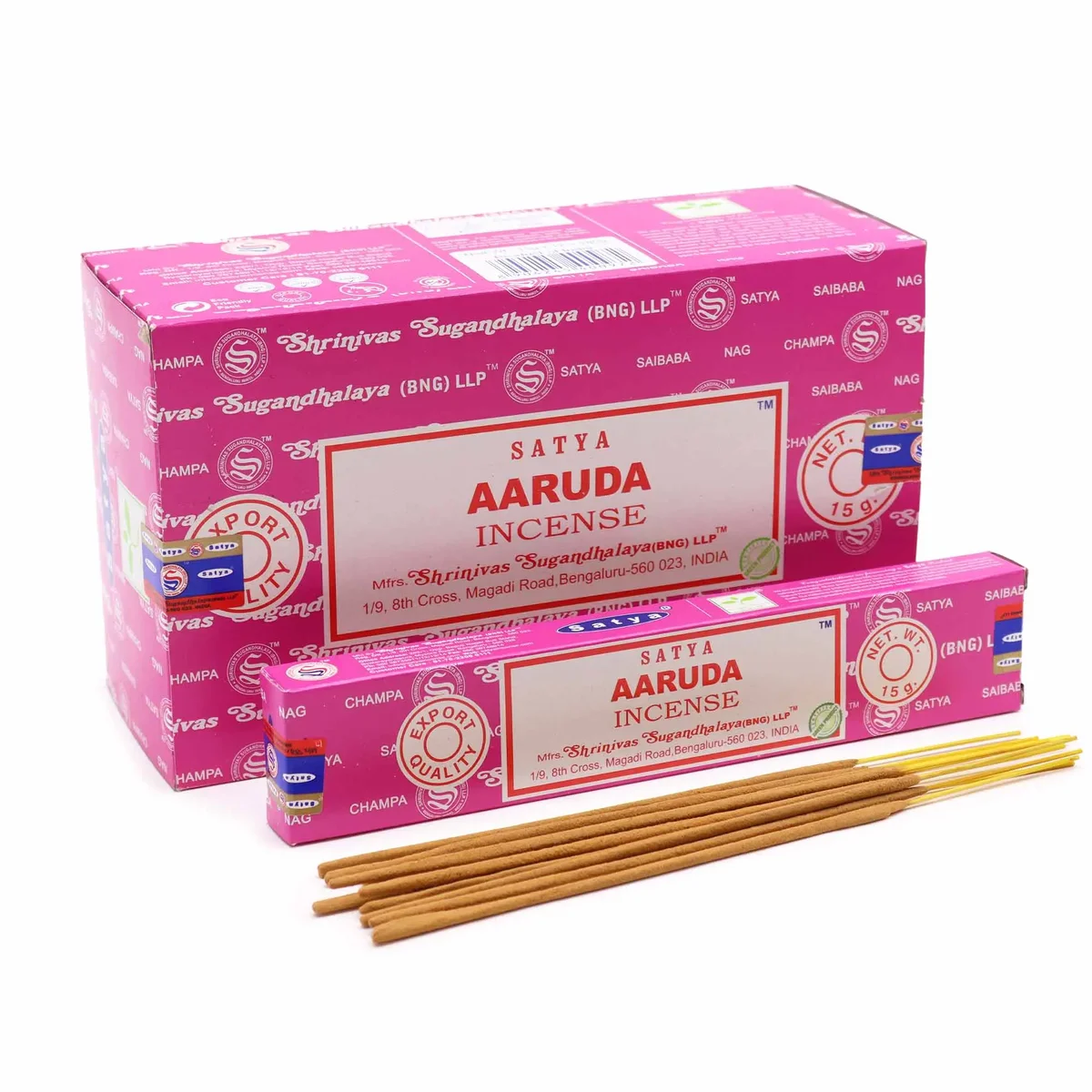 Satya incense sticks 15g Aaruda brand bundles displayed on wooden tray