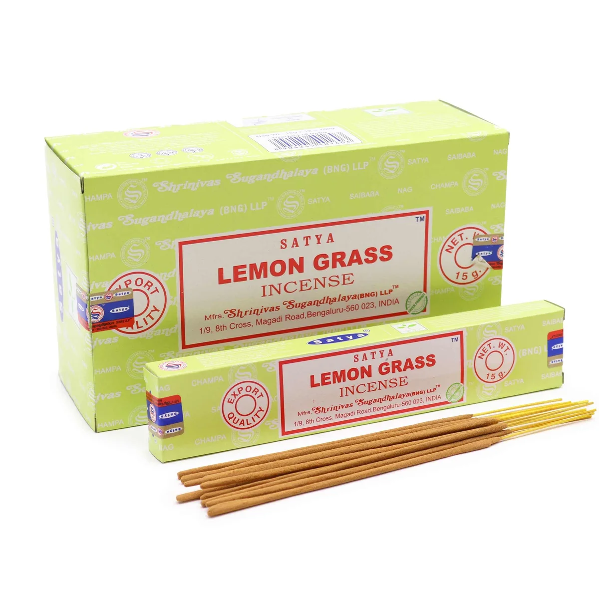 Stack of Satya lemongrass incense sticks, each 15g, displayed upright