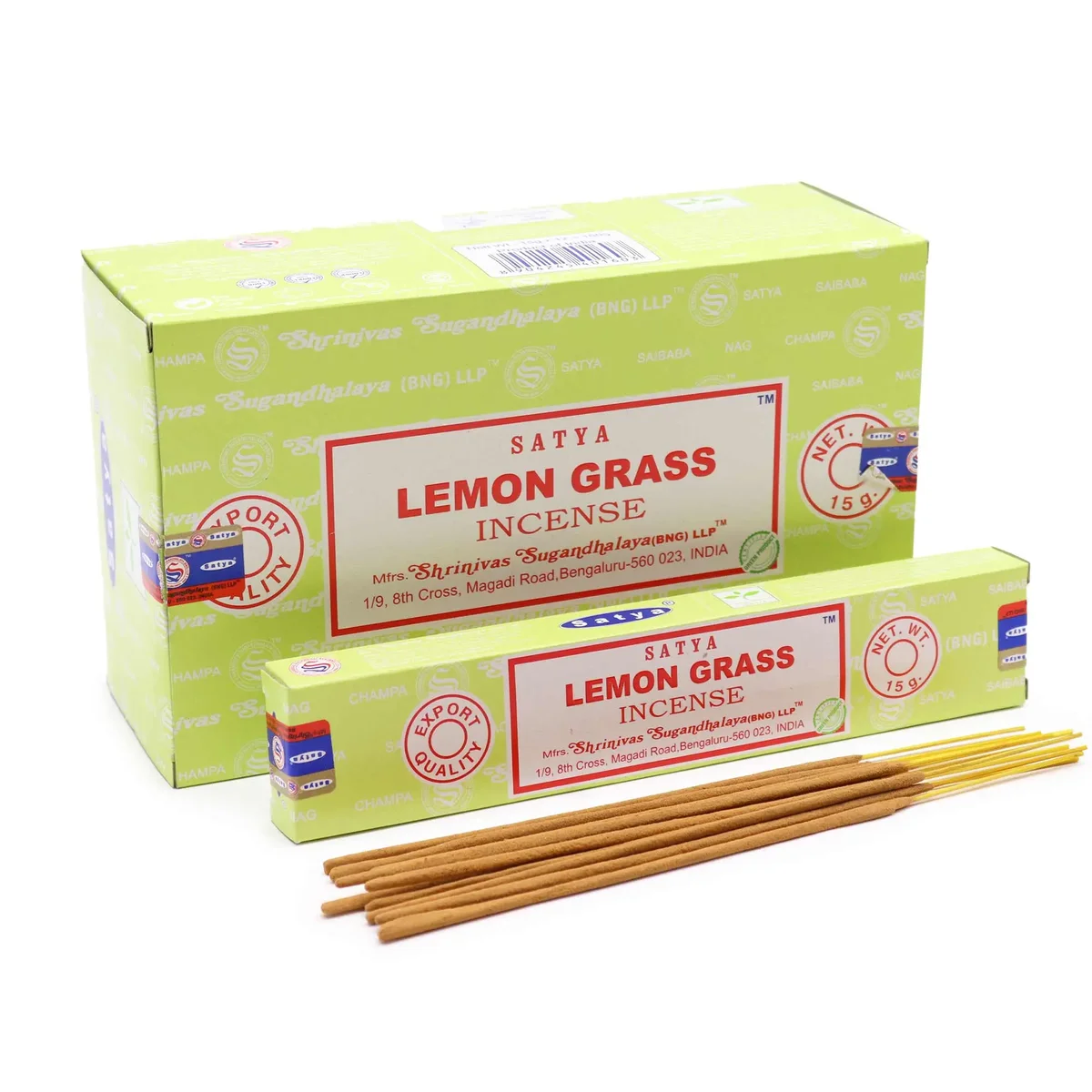 Satya incense lemongrass 15gm incense stick displayed on a wooden surface.