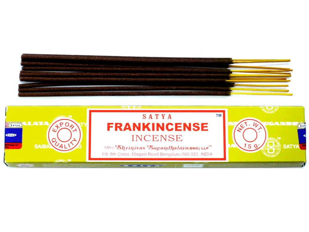 Satya 15g frankincense incense sticks bundled in a wooden box.