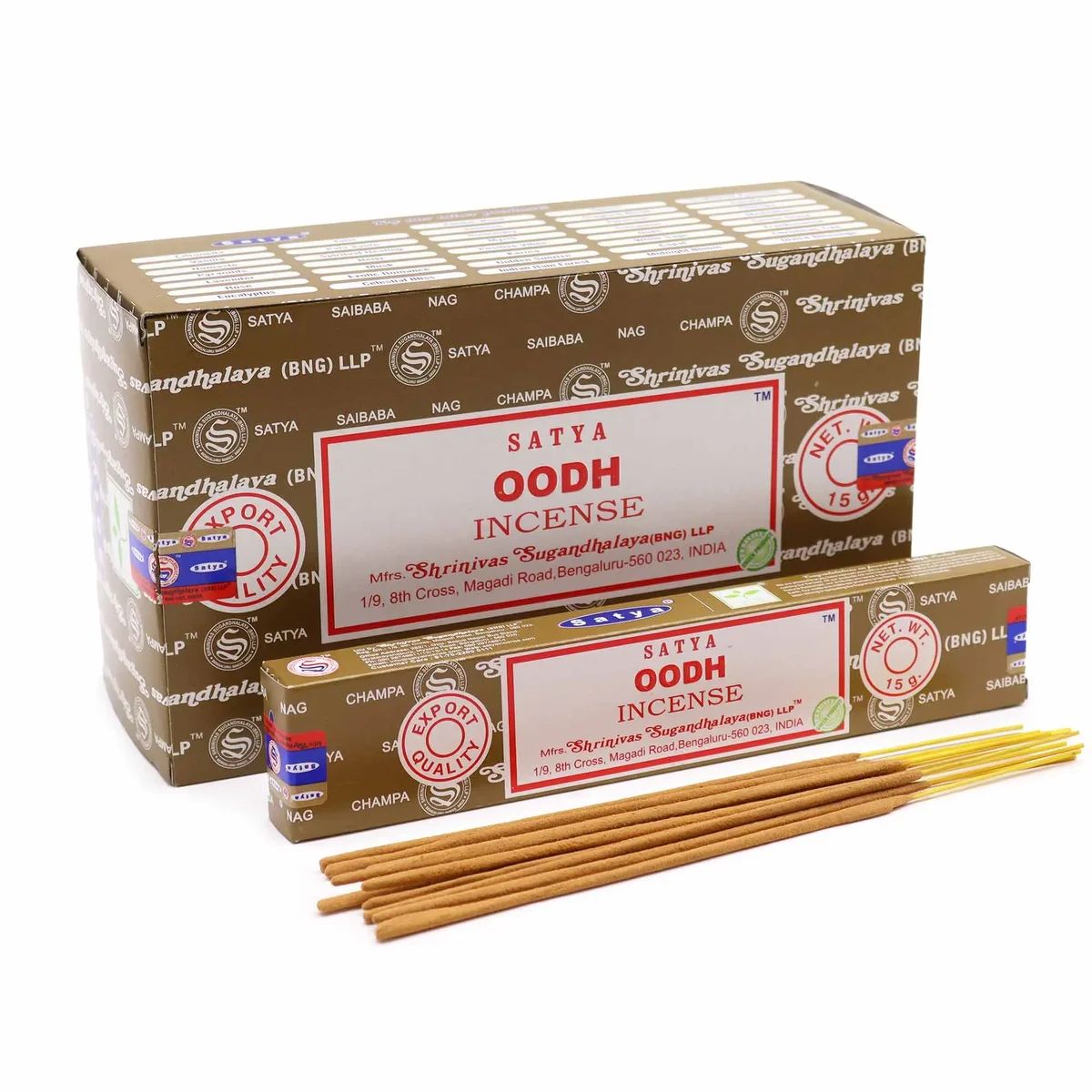 Satya incense 15g packaged in a clear display holder, showing a small incense stick and Oodh label.