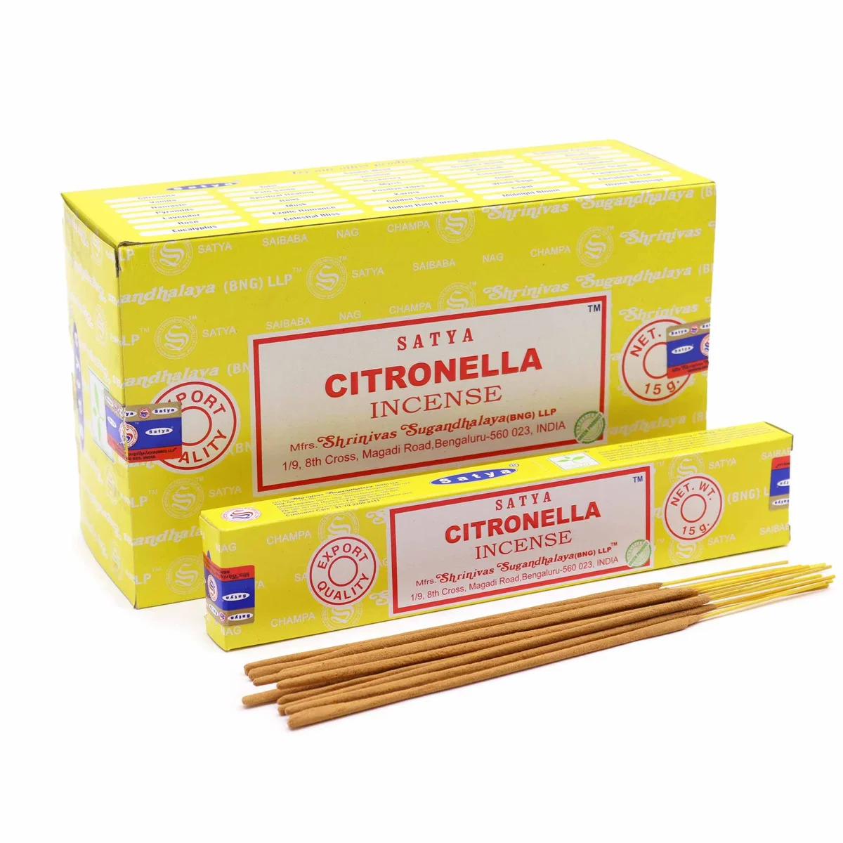 Pack of 15 citronella incense sticks in a 15g container