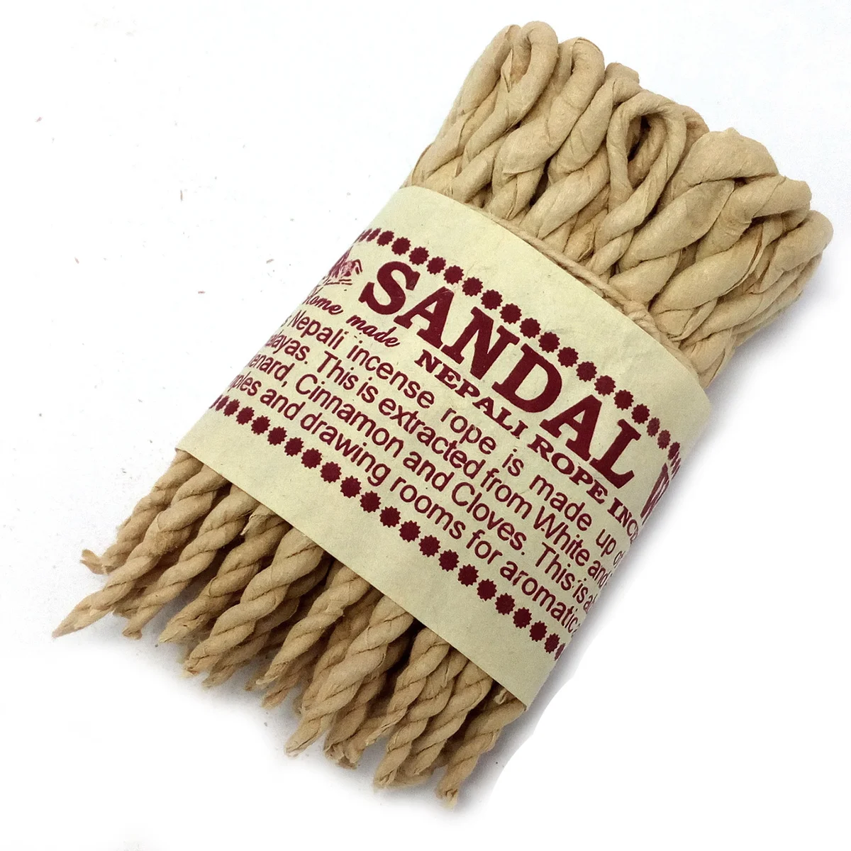 Herbal rope incense featuring sandalwood and spice, wrapped in natural packaging.