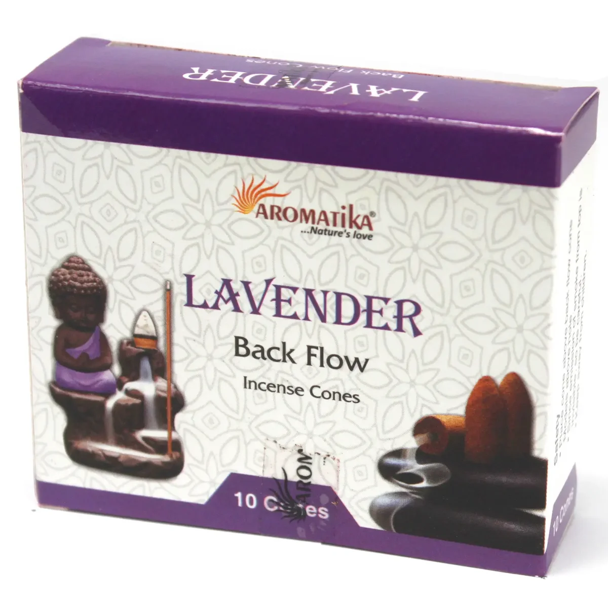 Aromatica backflow incense cones in soft lavender, neatly displayed on a white background.