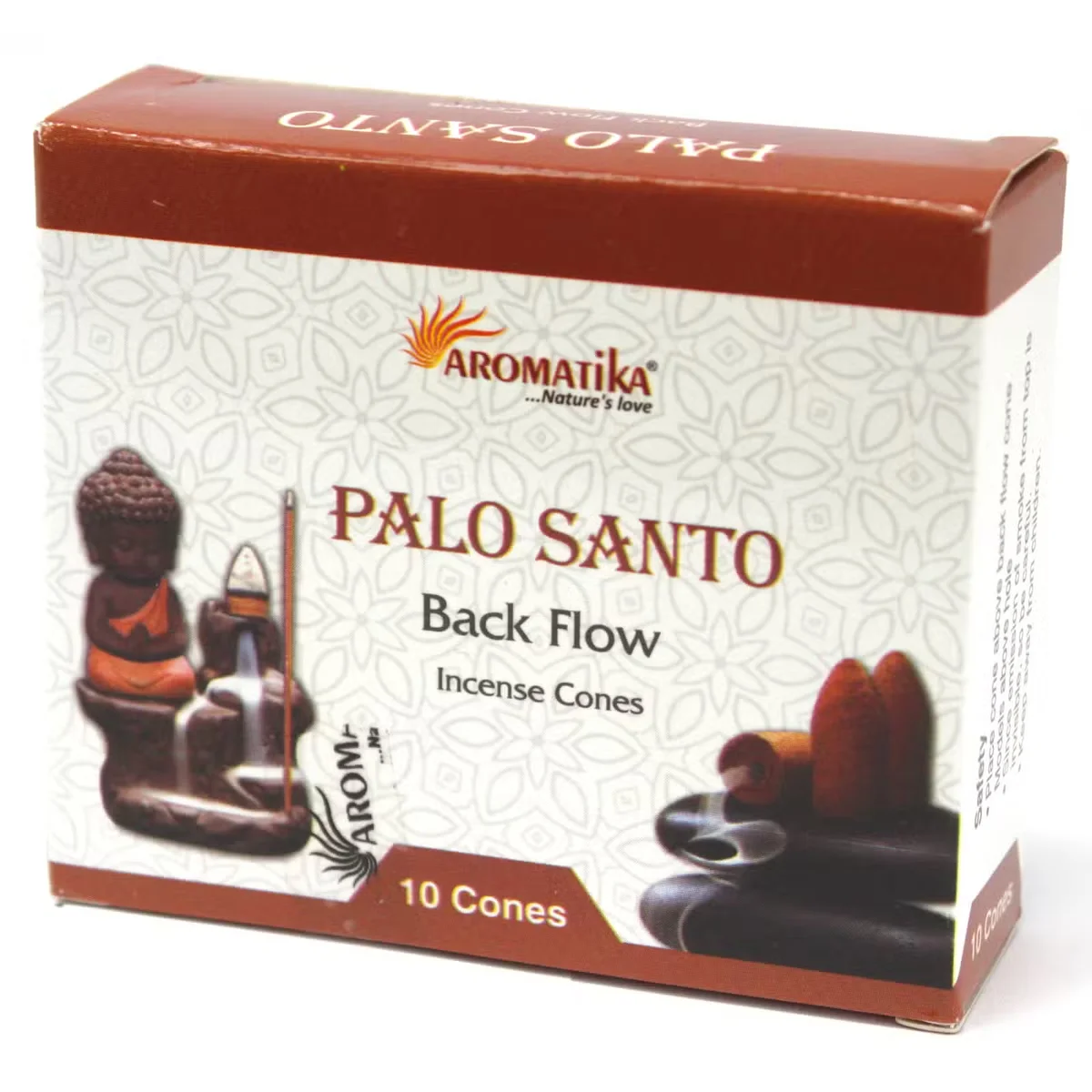 Aromatica Backflow incense cones in a green pine pattern, scented with Palo Santo.