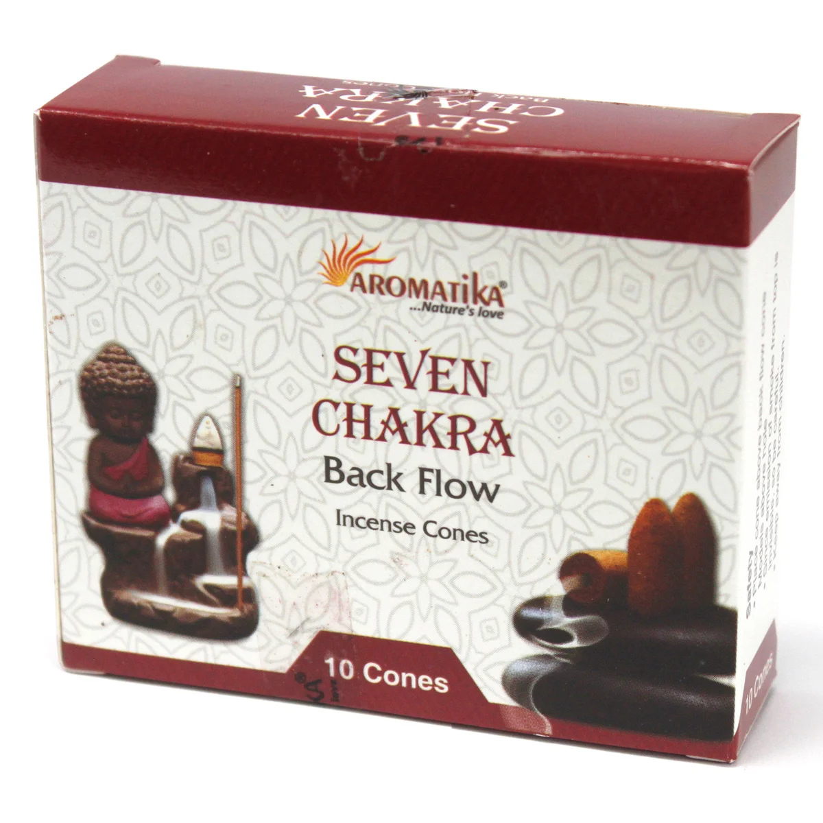 Aromatic backflow incense cones arranged in a set of seven, ready for chakra meditation.