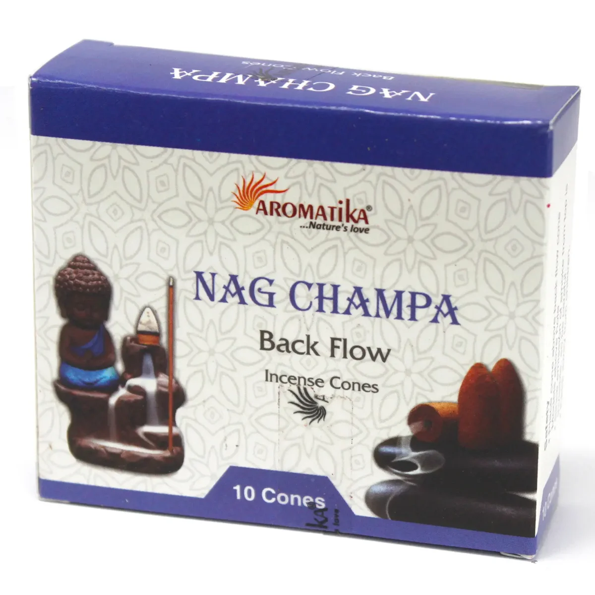 Aromatic backflow incense cones from Aromatica, Nag Champa variety, resting on a flat teal surface.
