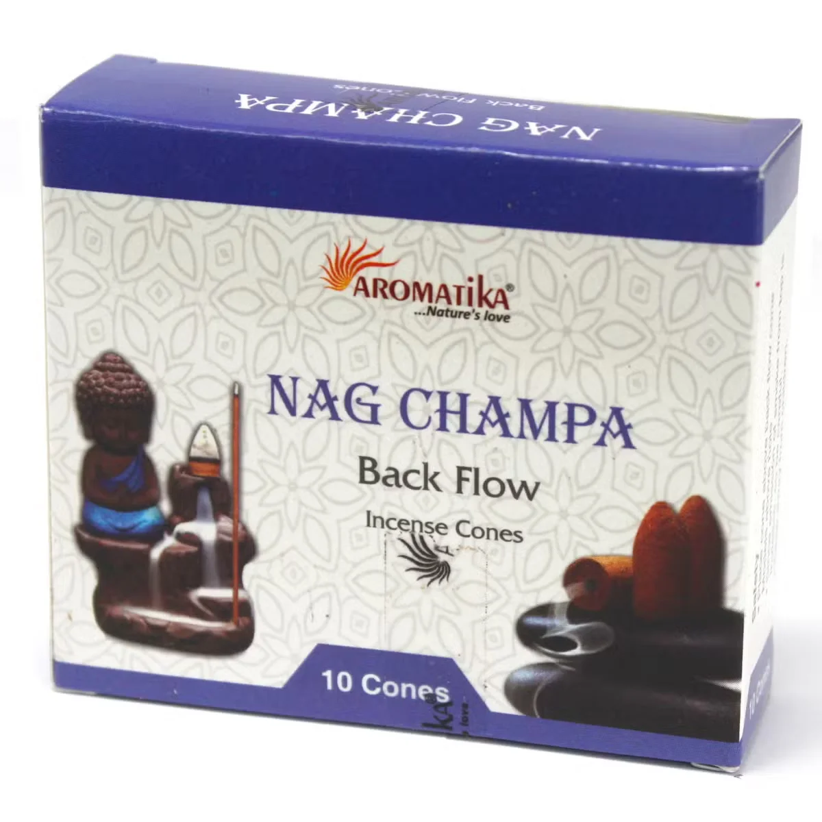 Aromatica backflow incense cones labeled Nag Champa incense UK.