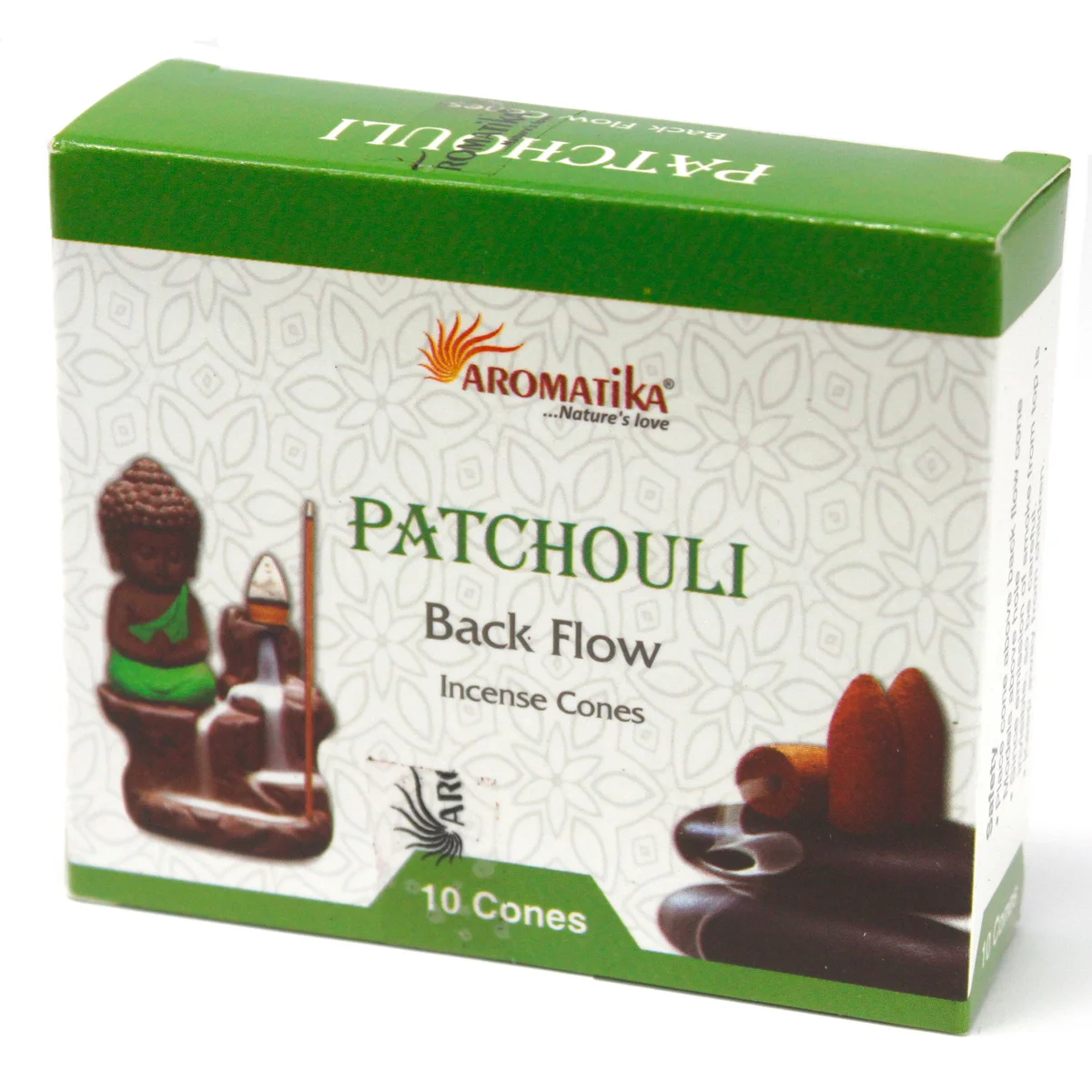 White backflow incense cones scented with patchouli.