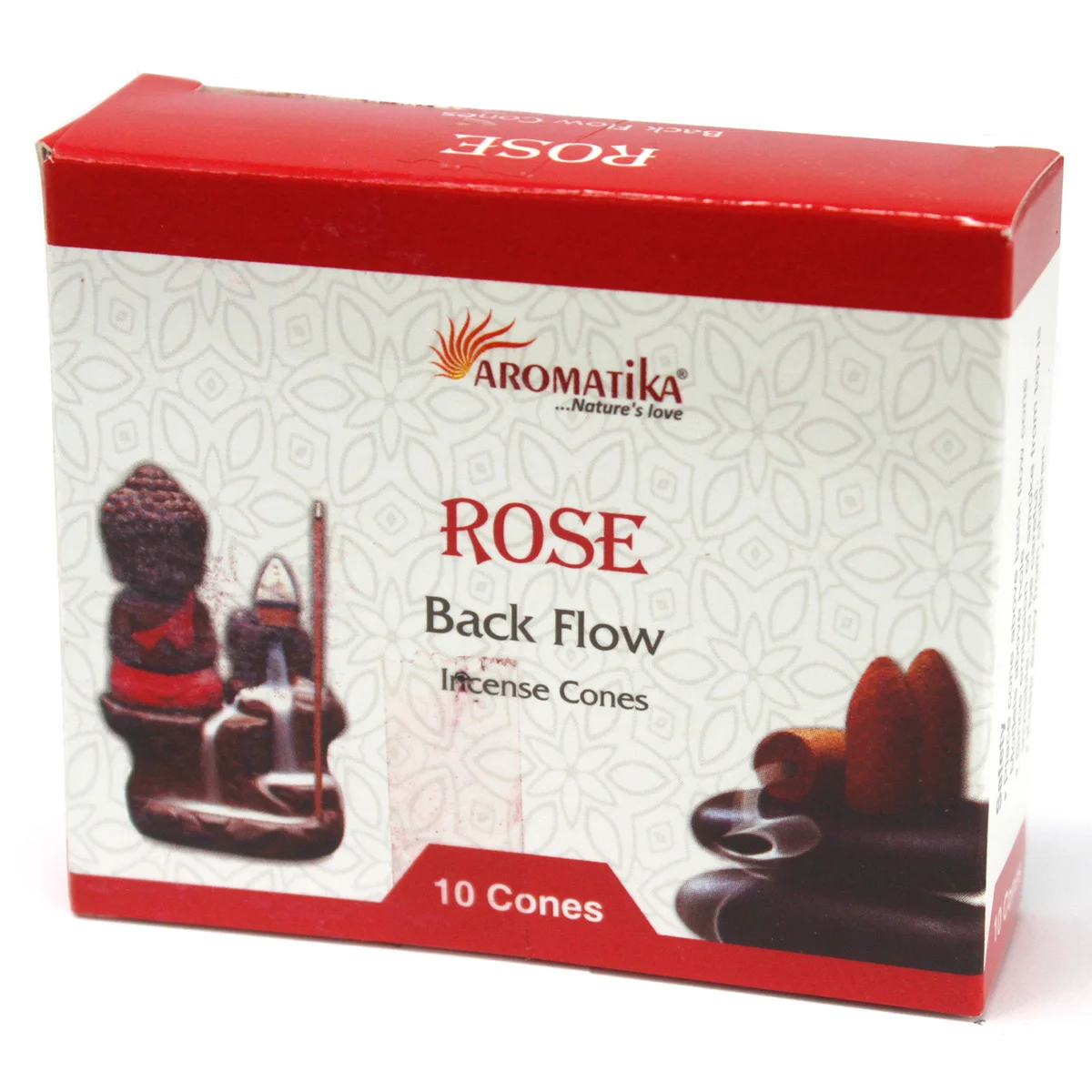 Stacked Aromatica incense cones with rose scent, black tassels, displayed on white background