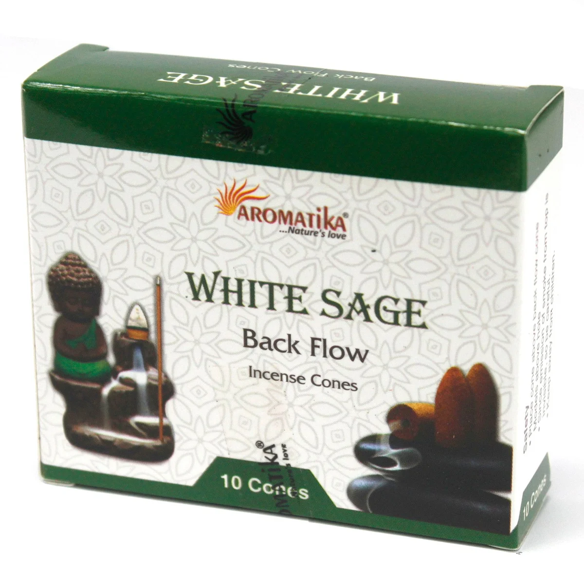 Aromatica white sage incense cones in their packaging box.