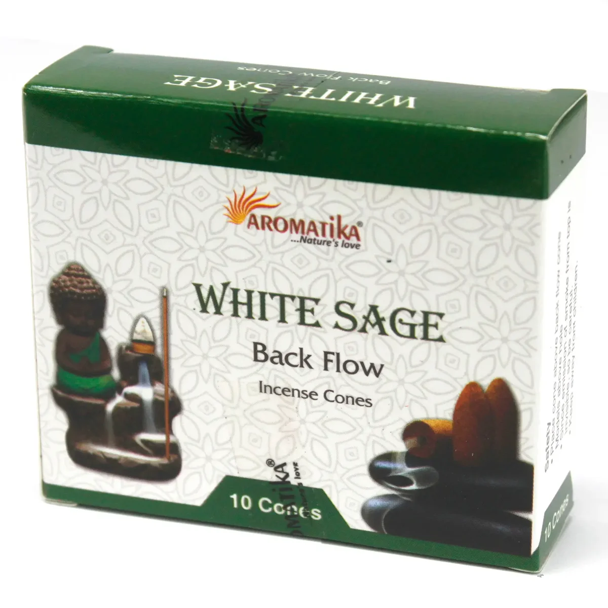 Aromatica backflow incense cones in a clear jar, white sage fragrance, neatly stacked cones in reflective container.
