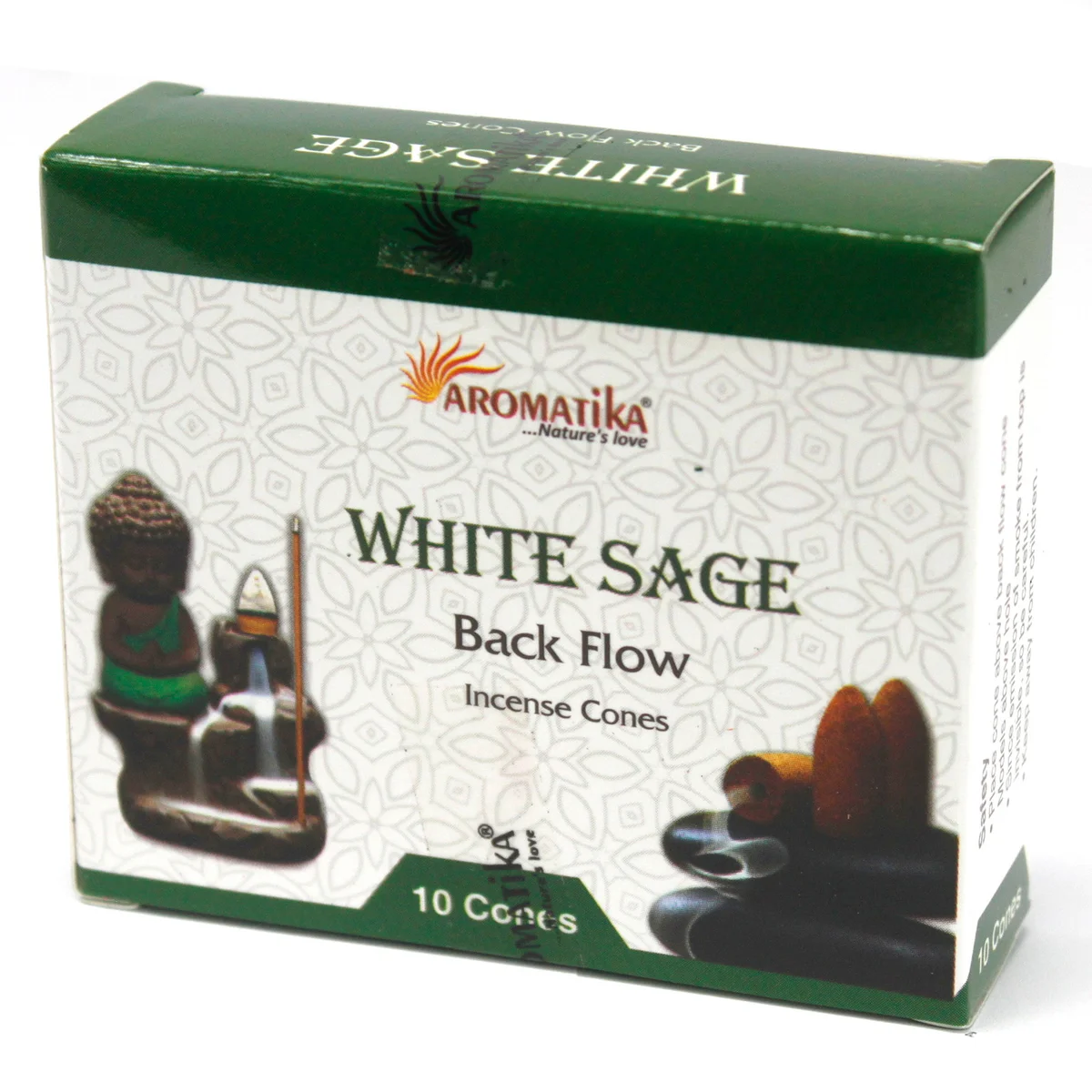 Aromatica incense cone in white sage scent, neatly stacked on a light background.