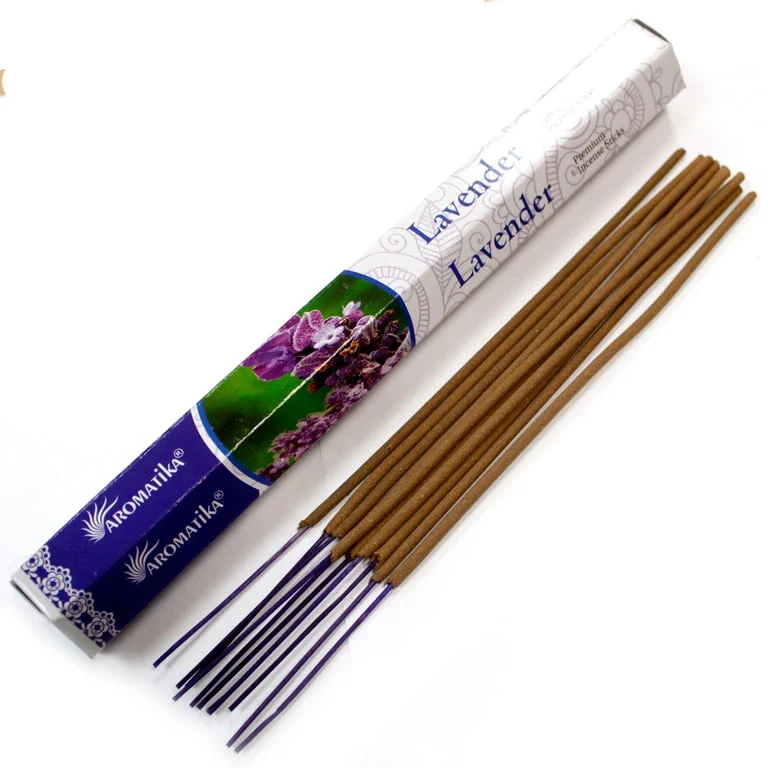 Aromatica incense sticks in a lavender scent, displayed in a small container.