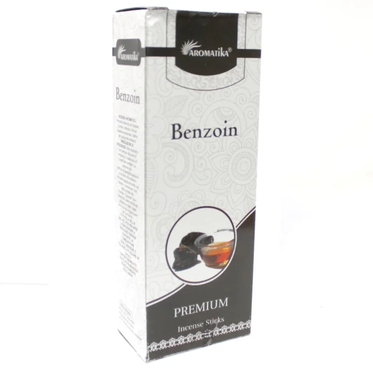 Aromatica premium benzoin incense sticks arranged in a clear bundle.
