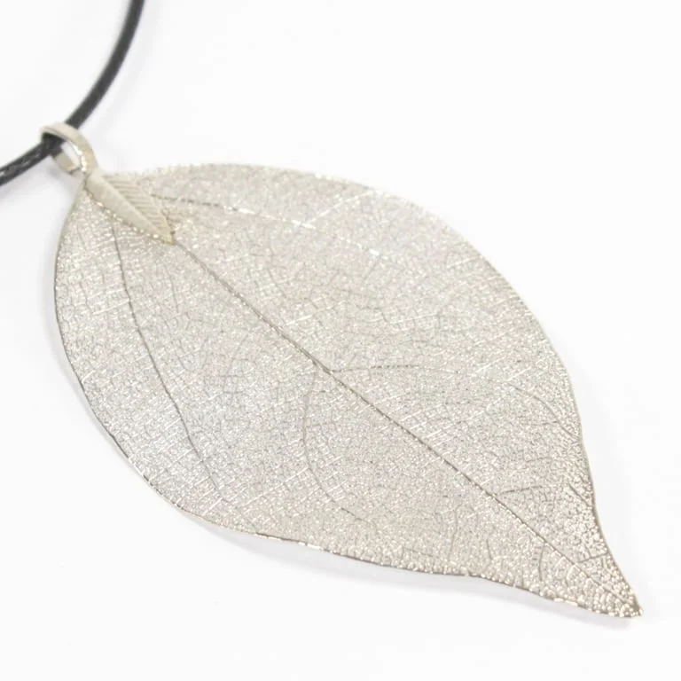 Silhouette of a silver necklace with a leaf charm, simple and elegant design.