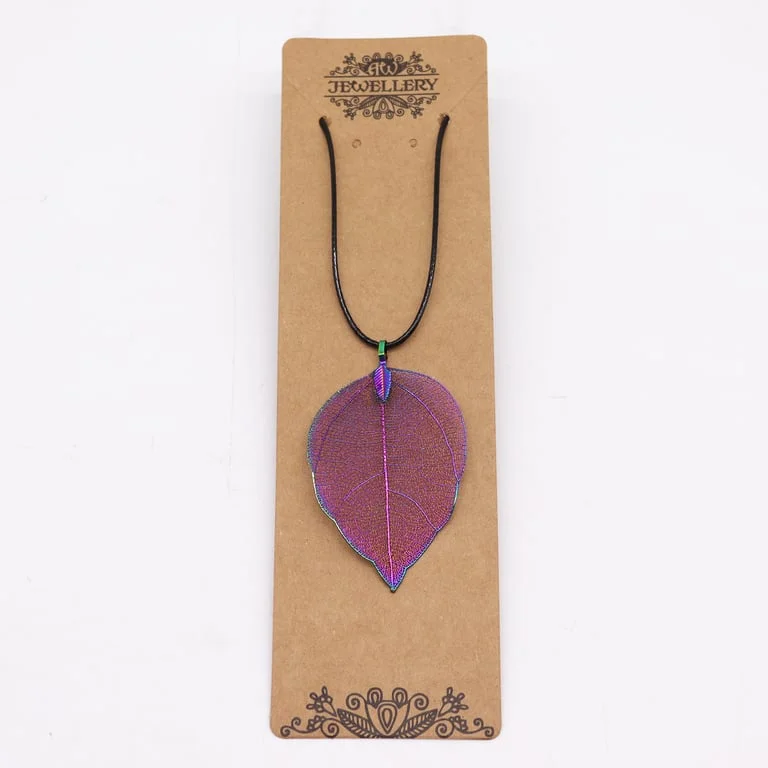 Multicolour leaf necklace with a bright leaf pendant on a chain.