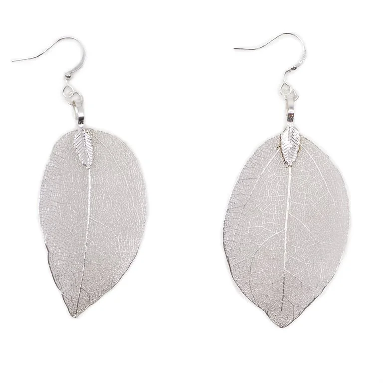 Silver leaf earrings from Bravery, leaf-shaped silver design displayed.