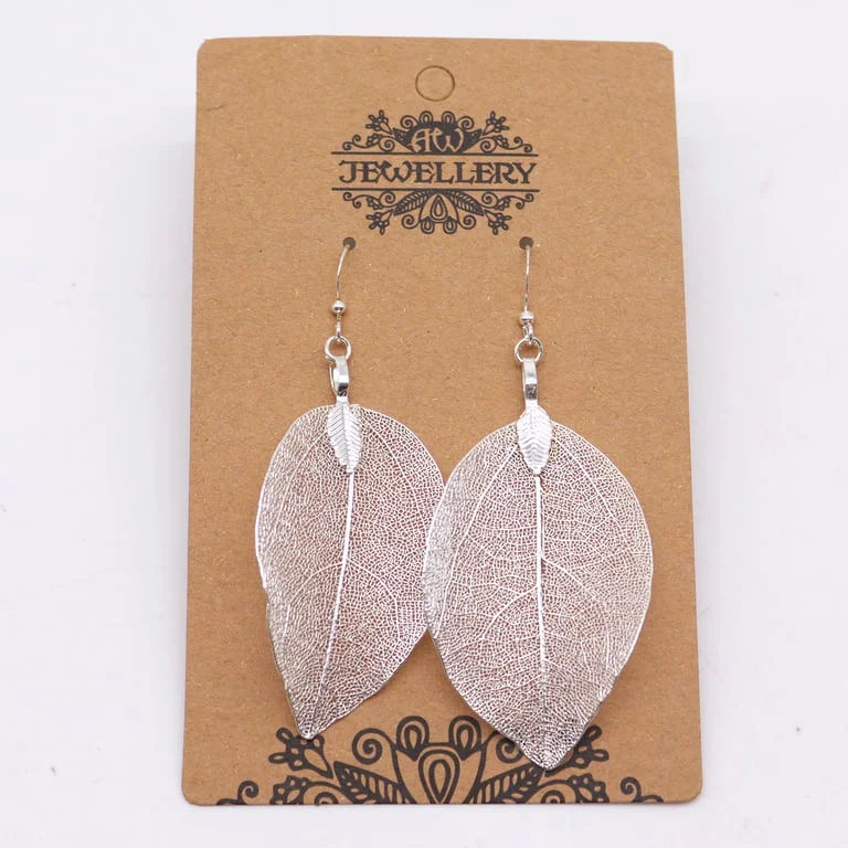 Silver leaf shaped earrings, Bravery Leaf design.