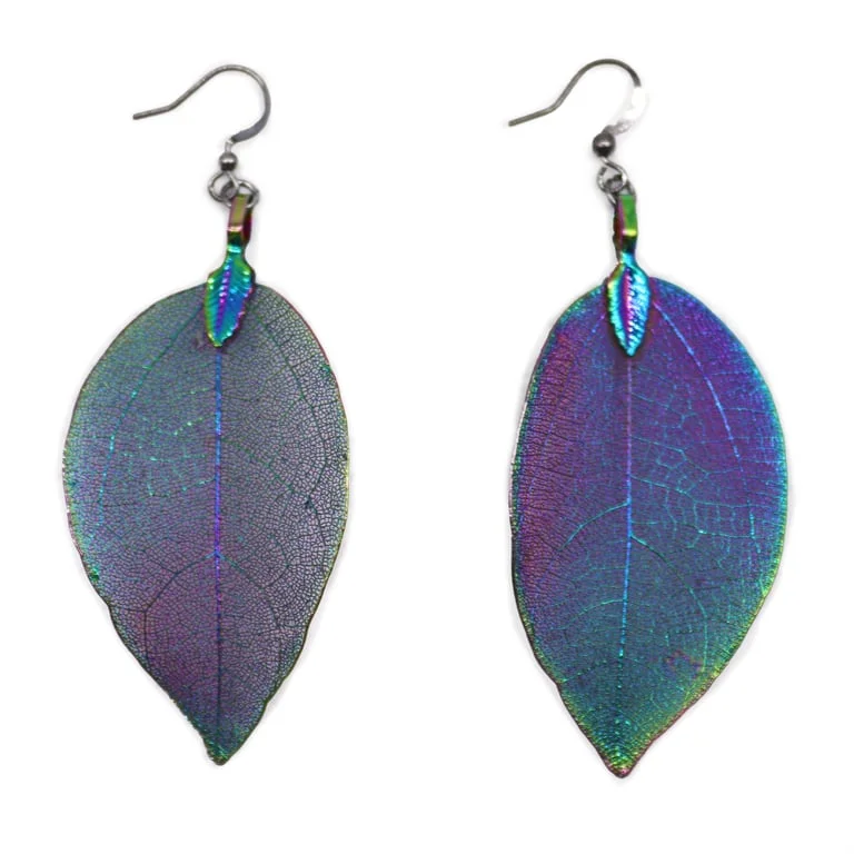 Multicoloured leaf earrings featuring a colourful leaf design in bright hues.