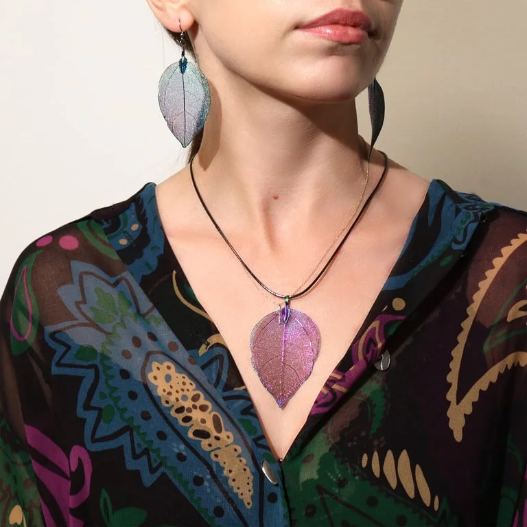 Multicoloured leaf shaped earrings featuring vibrant hues and delicate leaf design