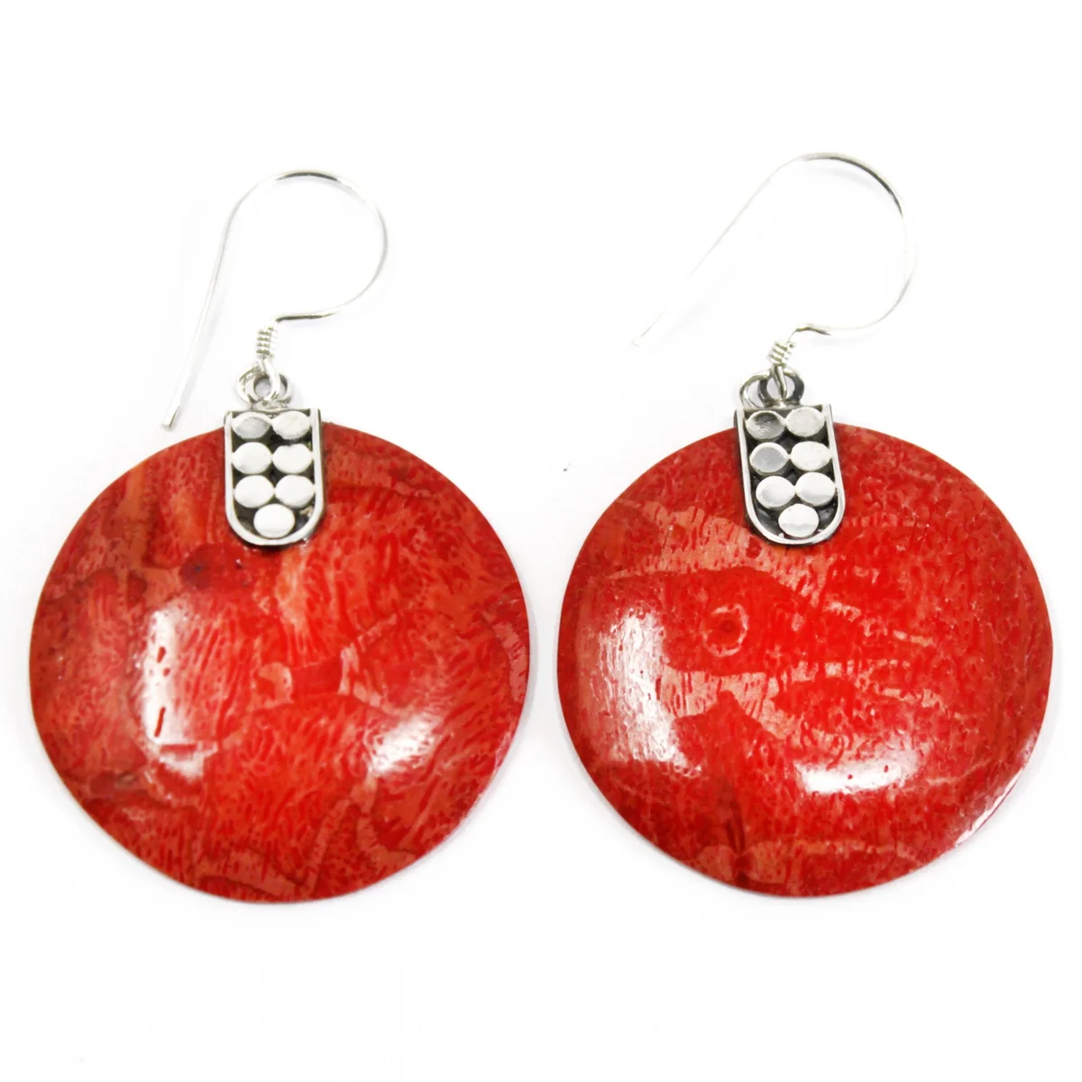 Pair of 925 silver earrings with double disc design displayed on a light background