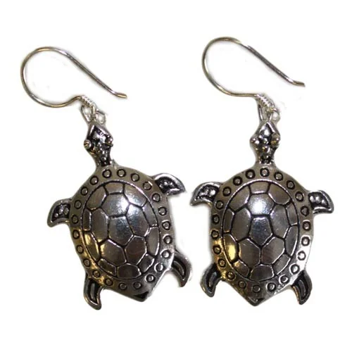 Silver turtle animal earrings displayed on a neutral background.