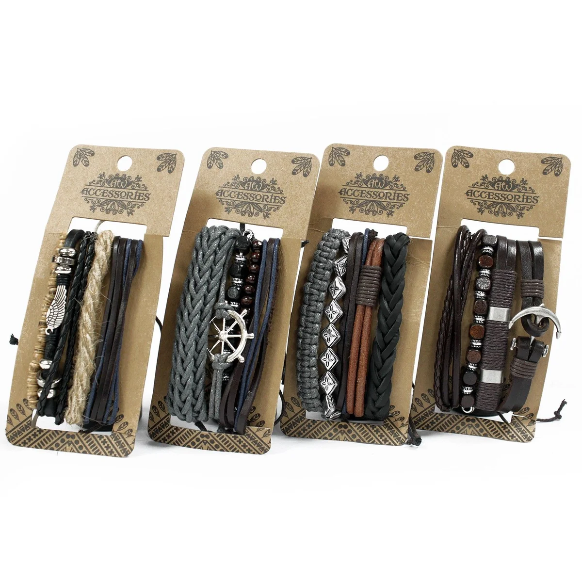 Men's leather metal bracelet set displayed on a neutral background.