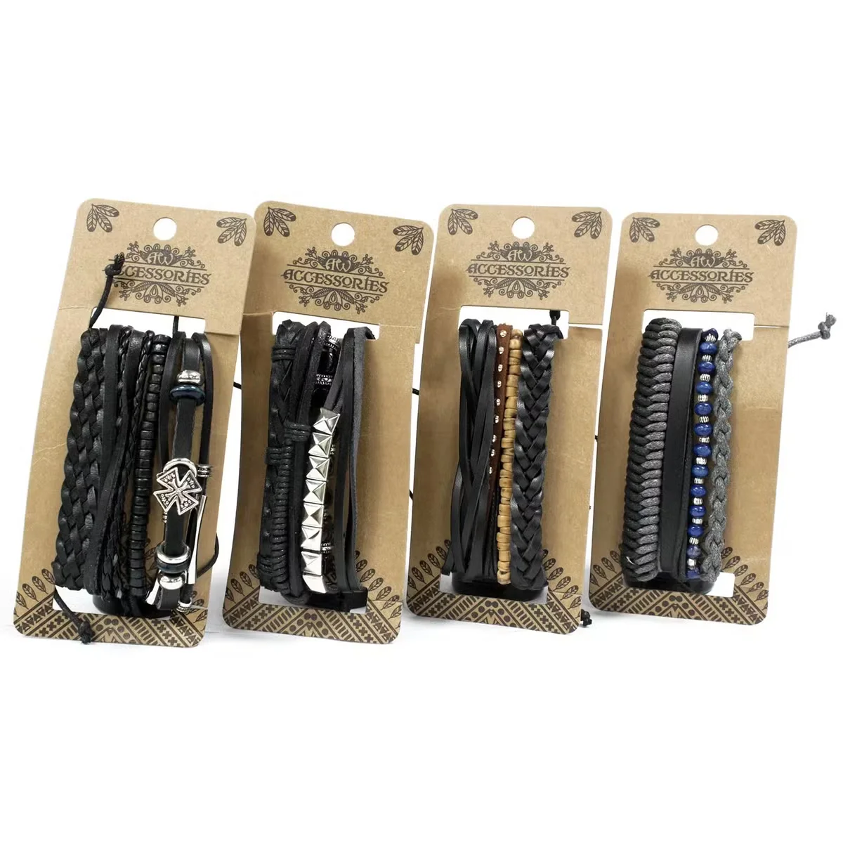 Men’s black and macho bracelet set arranged in a stylish display on a light backdrop.