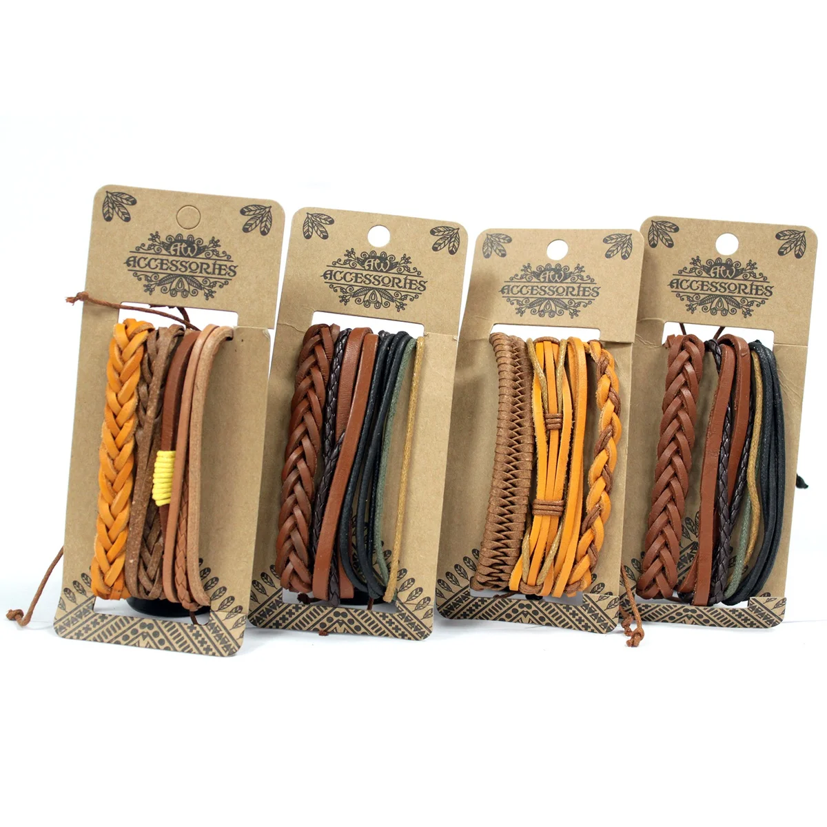 Tanned leather men's bracelet set, featuring an interesting bracelet assortment