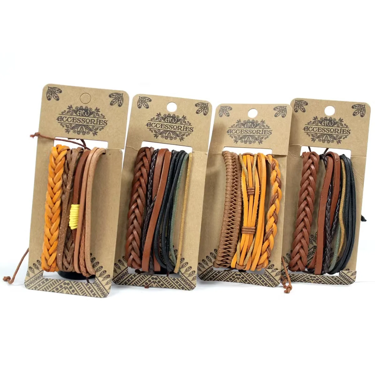 Multiple tanned bracelets displayed together, a stylish set of men’s jewellery.