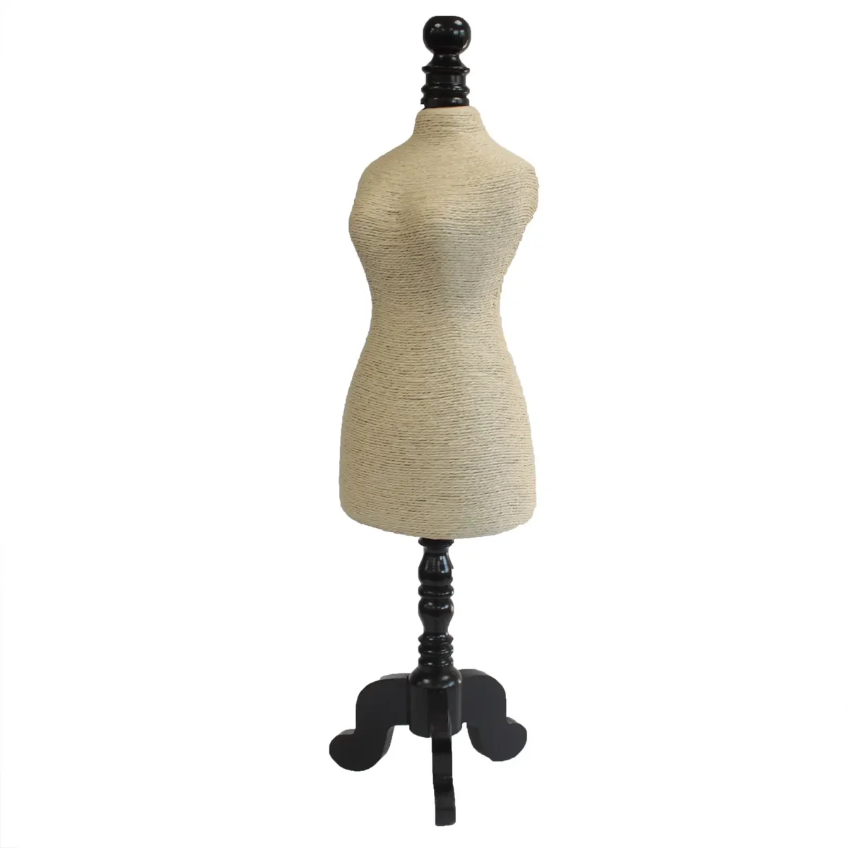 Cream jewellery stand with mannequin showcasing natural jewellery on wooden base