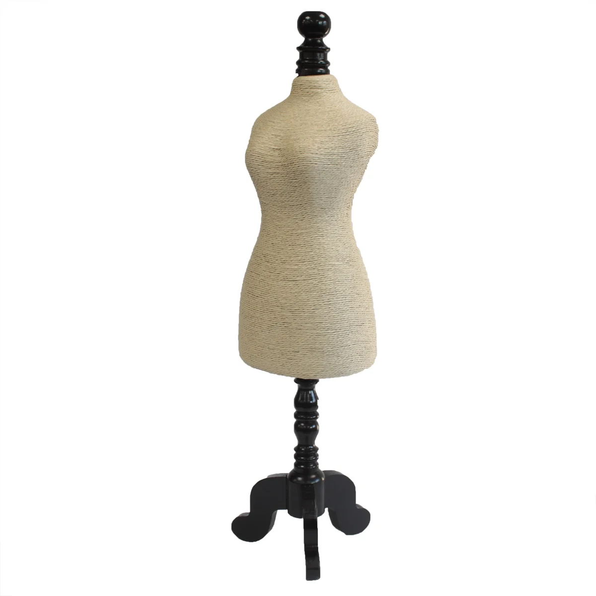 Wooden jewellery mannequin on a cream wooden stand used to display natural jewellery.