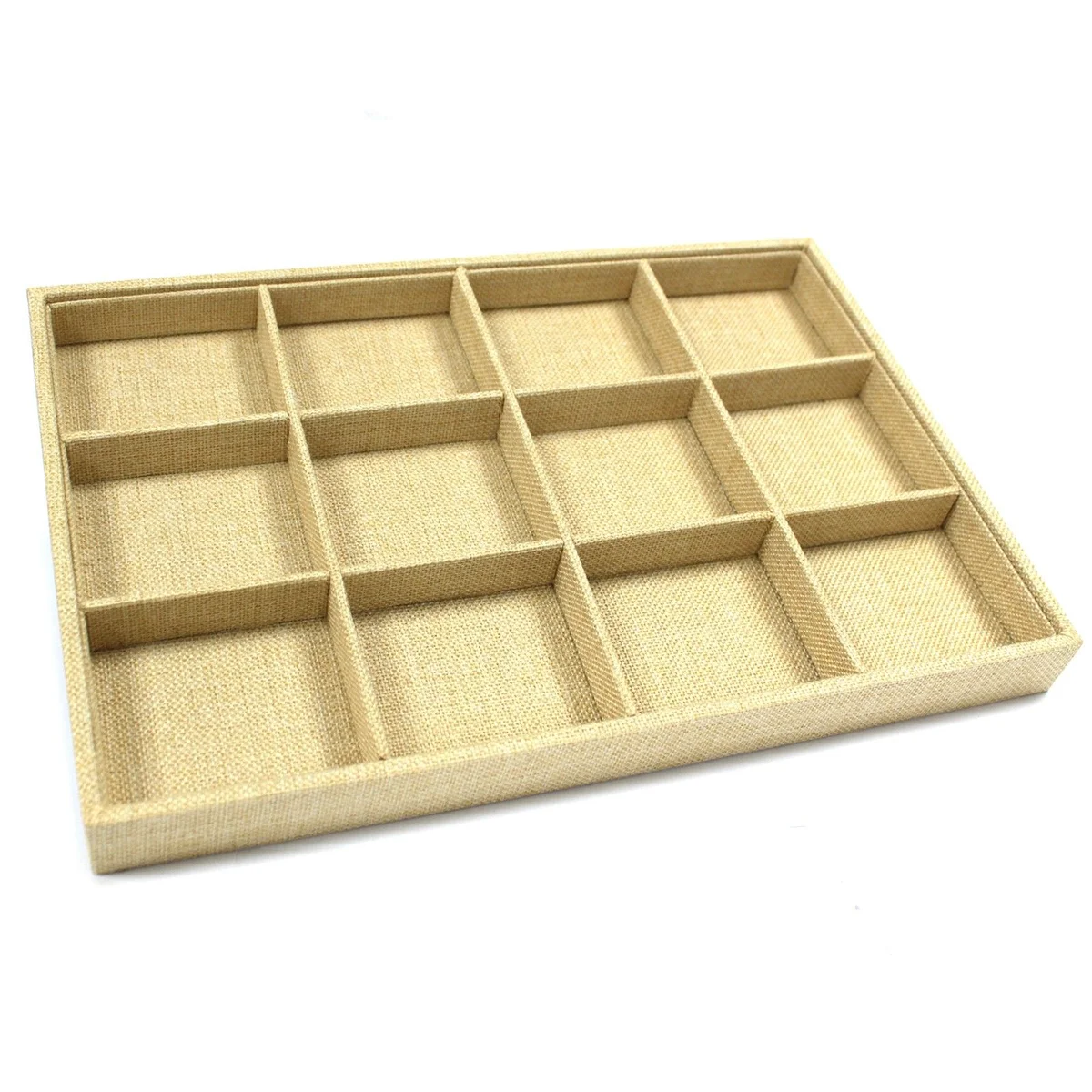 Twelve compartment display tray with equal‑sized shallow slots for arranging items
