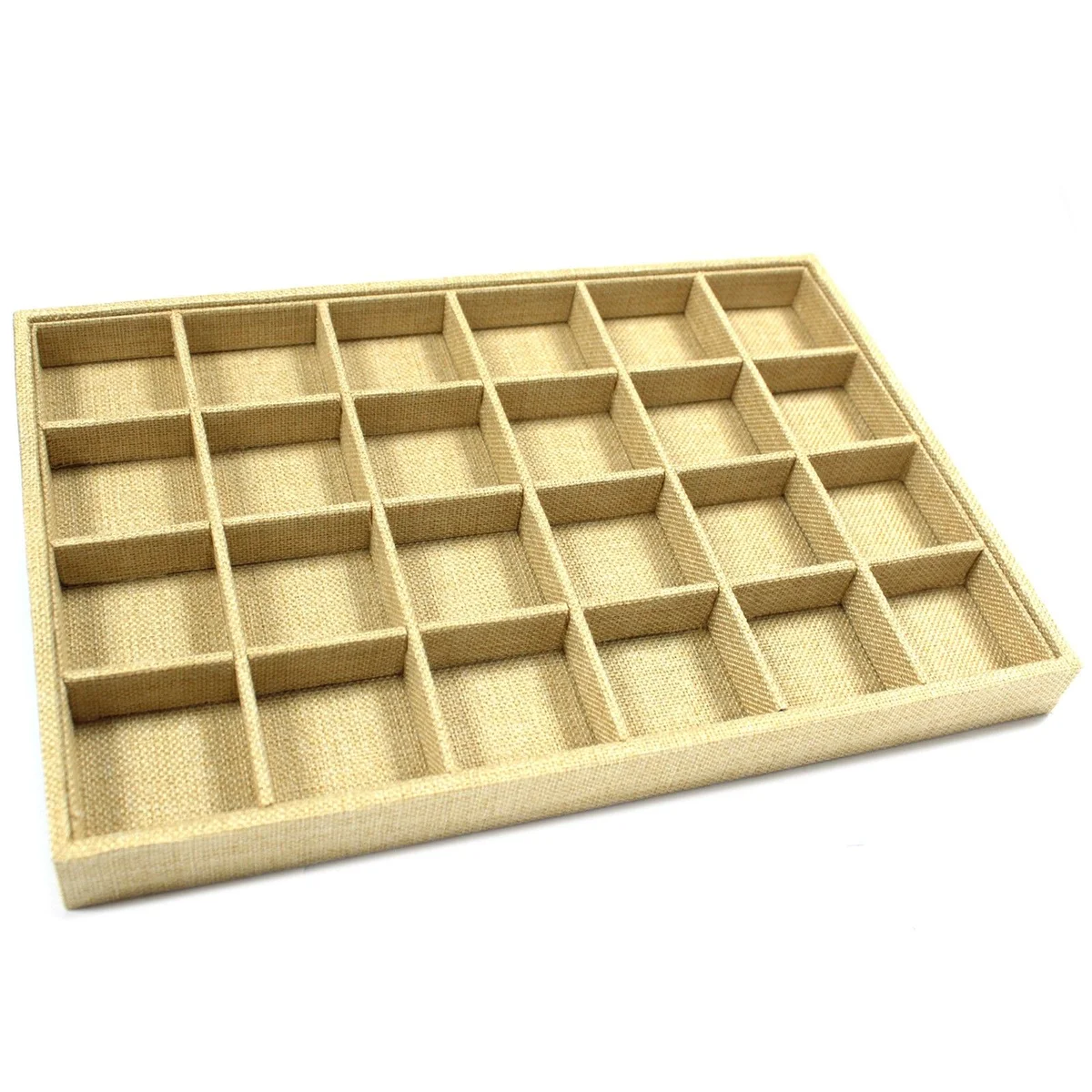 24 compartment tray displaying 24 evenly spaced individual small boxes.
