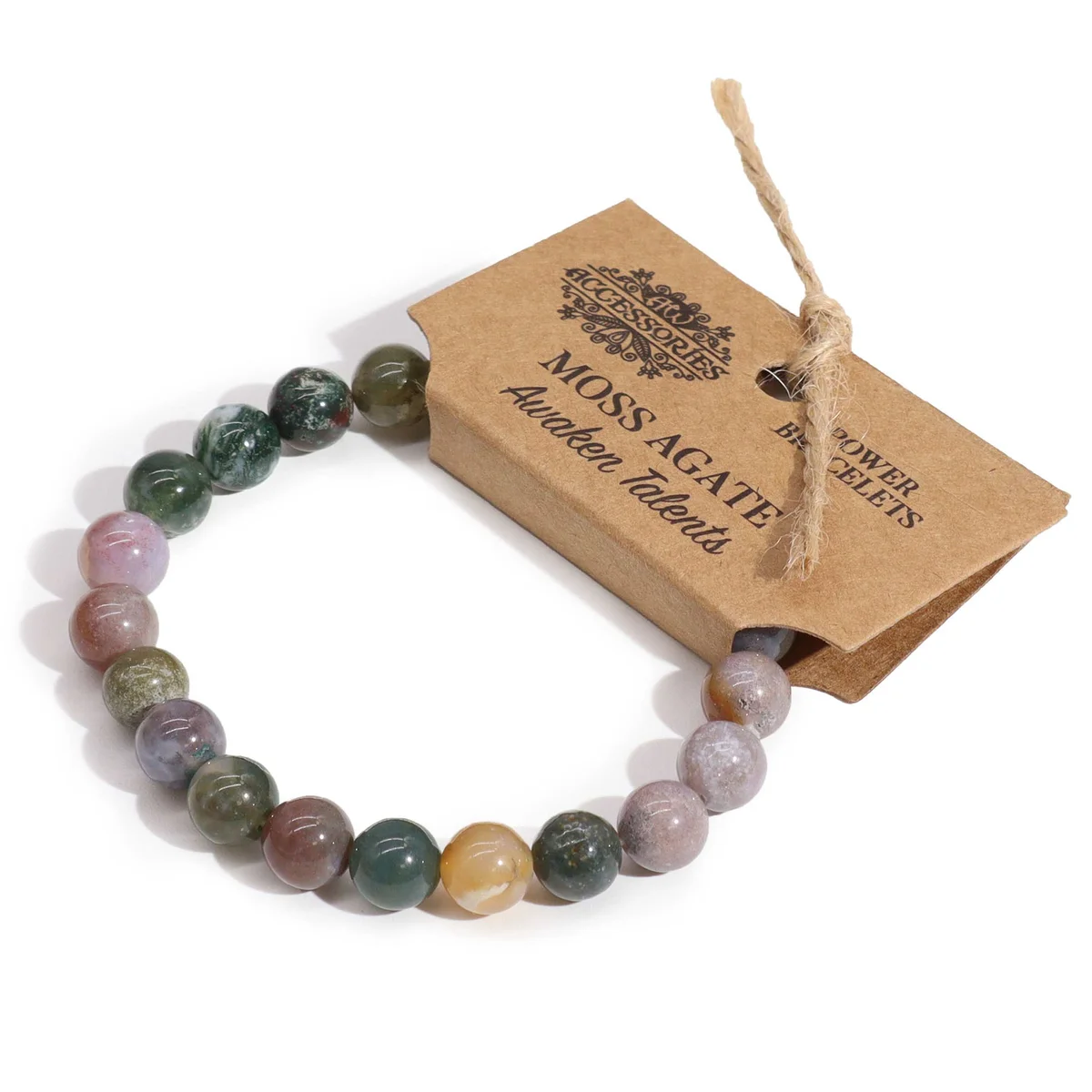 Power bracelet in moss agate jewellery displayed on a wrist