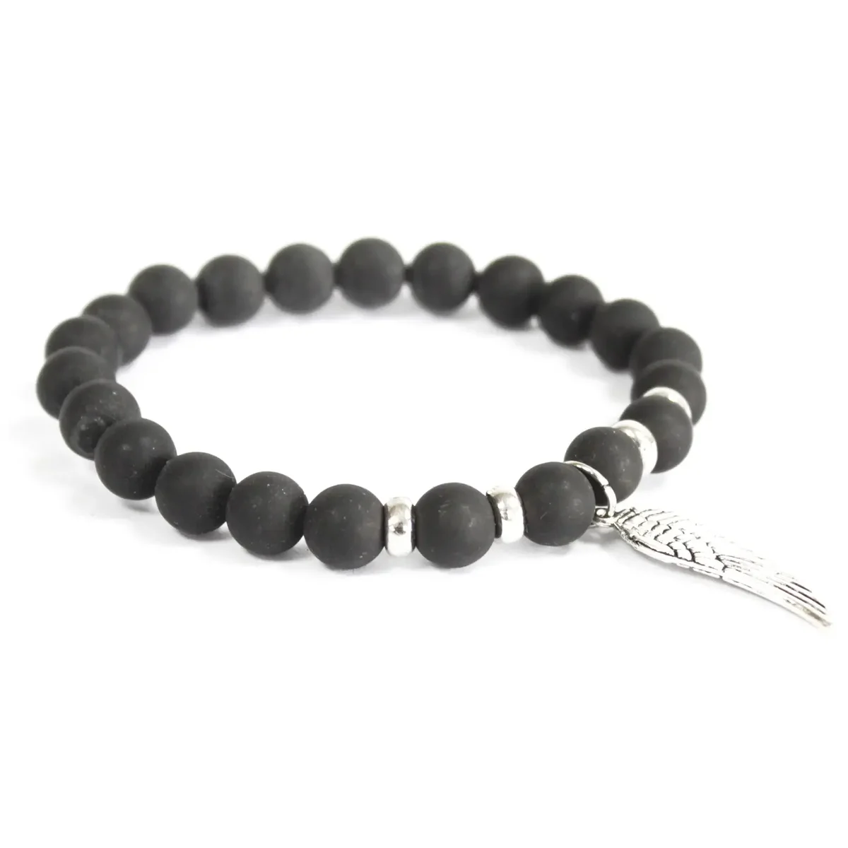 Angel wing bracelet featuring black agate gemstone charms