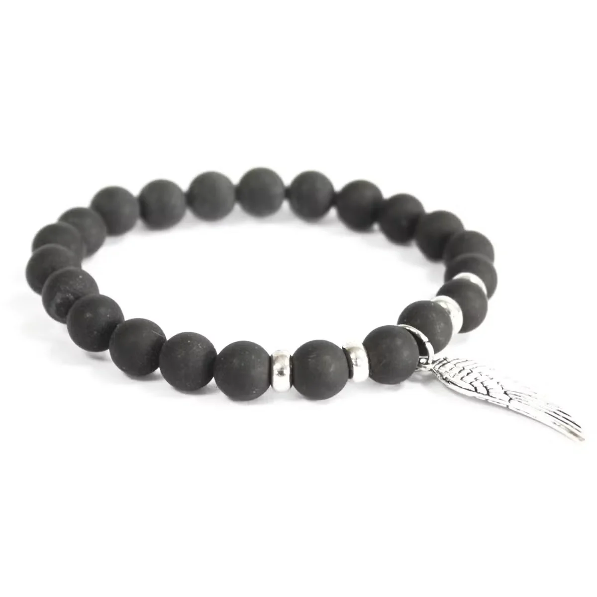 Gemstone bracelet featuring angel wing design with black agate stones, slim silver chain.