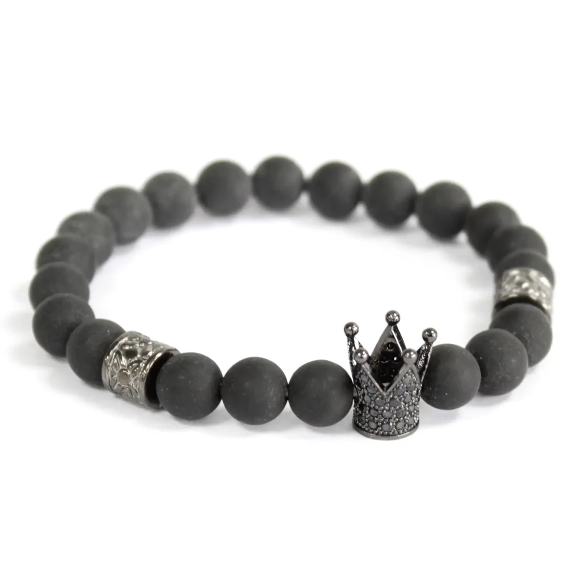 Crystal crown bracelet with black agate stone and delicate silver chain.