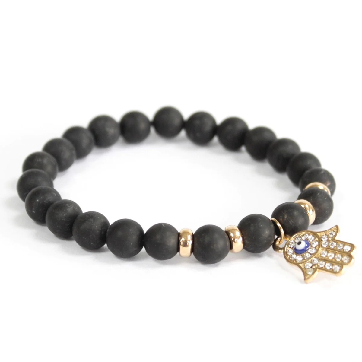 Stylish black agate gemstone bracelet featuring a Hamsa charm.
