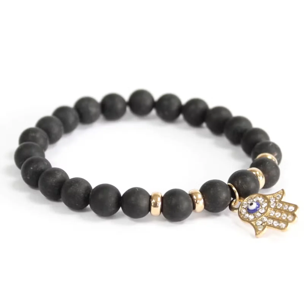 Bracelet featuring a black agate bead and a small Hamsa charm, part of black agate jewellery collection